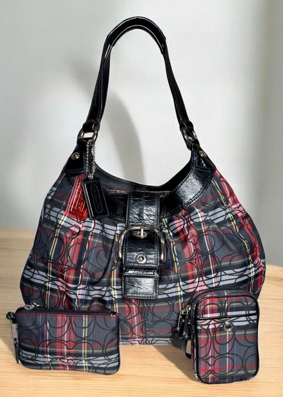 Y2K Coach F15487 Soho Pleated Signature Tartan Hobo Bag 3 Piece Set